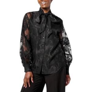 WynneCollection Women's Embellished Chiffon Bow Blouse with Tank Black - Regular